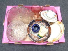 A box containing assorted ceramics and glassware including Devon ware vase, Japanese bowl,
