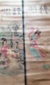 20th century Japanese watercolour on print scrolls, measuring 52x14 inches each.