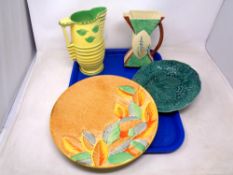 A tray containing ceramics including a Myott & Son hand painted Art Deco jug together with a