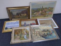 Eight assorted framed pictures including R Slater oil-on-canvas harbour scene, landscapes etc.