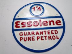An aluminium plaque, Essolene Guaranteed Pure Petrol.