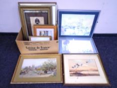 A box containing assorted pictures and prints including framed watercolour ducks in flight,