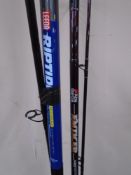 Two two-piece fishing rods, an Abu Garcia Enticer and a Leeda Riptide.