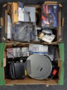 Two boxes containing a Robo 360 home vacuum, Michelin tire pump, assorted electricals,