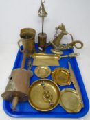 A tray containing antique and later brass ware including a Linwood roasting spit, trays, ashtrays,