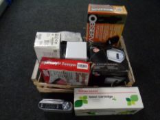 A crate containing Roberts radio, Decoy CCTV, toner cartridges, slow cooker etc.