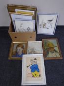 A box containing Continental pictures and prints including portrait studies,