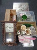 Two boxes containing assorted glassware, planters, bed set,