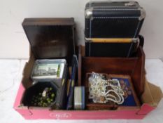 A box containing coins, costume jewellery, plated cutlery, cigarette cards, book trough etc.