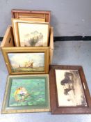 A box containing Continental school pictures and prints, unframed prints,