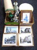 Two boxes containing Spanish figures including clowns, a pottery table lamp with shade,