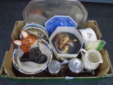 A box containing stainless steel tea ware, assorted collectors plates, Royal Worcester oven dish,