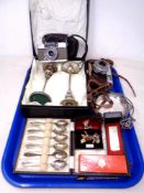 A tray containing boxed cuff links, Flick Aztec lighter, plated wares, vintage camera etc.