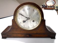 A 1930's oak cased 8-day mantel clock with silvered dial (a/f)