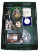 A box containing assorted perfume bottles, costume jewellery, pinchbeck brooch, pocket watch etc.