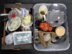 Two boxes containing assorted antique and later ceramics, Delonghi coffee maker and kettle,