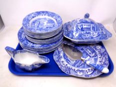 A tray containing 21 pieces of Spode Italian blue and white dinnerware together with a cake slice.