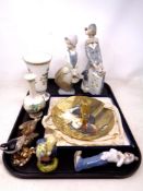 A tray containing assorted ceramics including Spanish figures, Beswick Beatrix Potter figure,