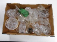A box containing assorted glassware including pressed glass and lead crystal bowls, vases,