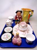 A tray containing assorted ceramics including a Royal Doulton figure, Rose HN1368,