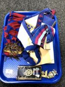A tray containing two silver Freemason's medals on ribbons, one in case,