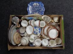 A box containing assorted antique and later ceramics including a Crown Devon Fieldings teapot on