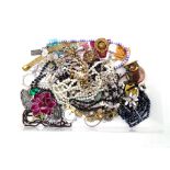A plastic tub containing a quantity of assorted costume jewellery, contemporary pocket watch,