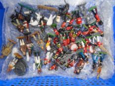 A crate containing a quantity of mid-20th century hand painted lead figures, soldiers,