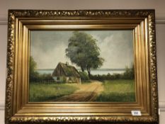 Continental school : a thatched cottage by a lake, oil on canvas,