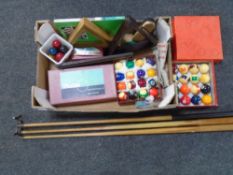 A box containing assorted boxed snooker, pool and billiard balls, snooker triangles, cues, rest etc.