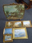 A box containing six oil paintings including W. Bird : Trees with castle beyond, oil-on-board, J.