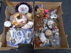 Two boxes containing assorted ceramics, Staffordshire dog ornaments, retro style telephone,