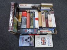 A box containing hardback volumes relating to the middle ages, war, cinemas of Newcastle etc.