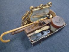 A box containing walking sticks, hearth brush, gilt frame mirror, block plane, eastern pipe etc.