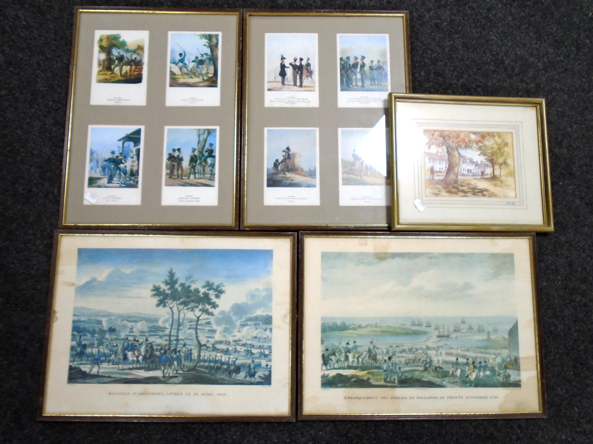 A box containing a Dillon watercolour depicting a tree lined street together with four further