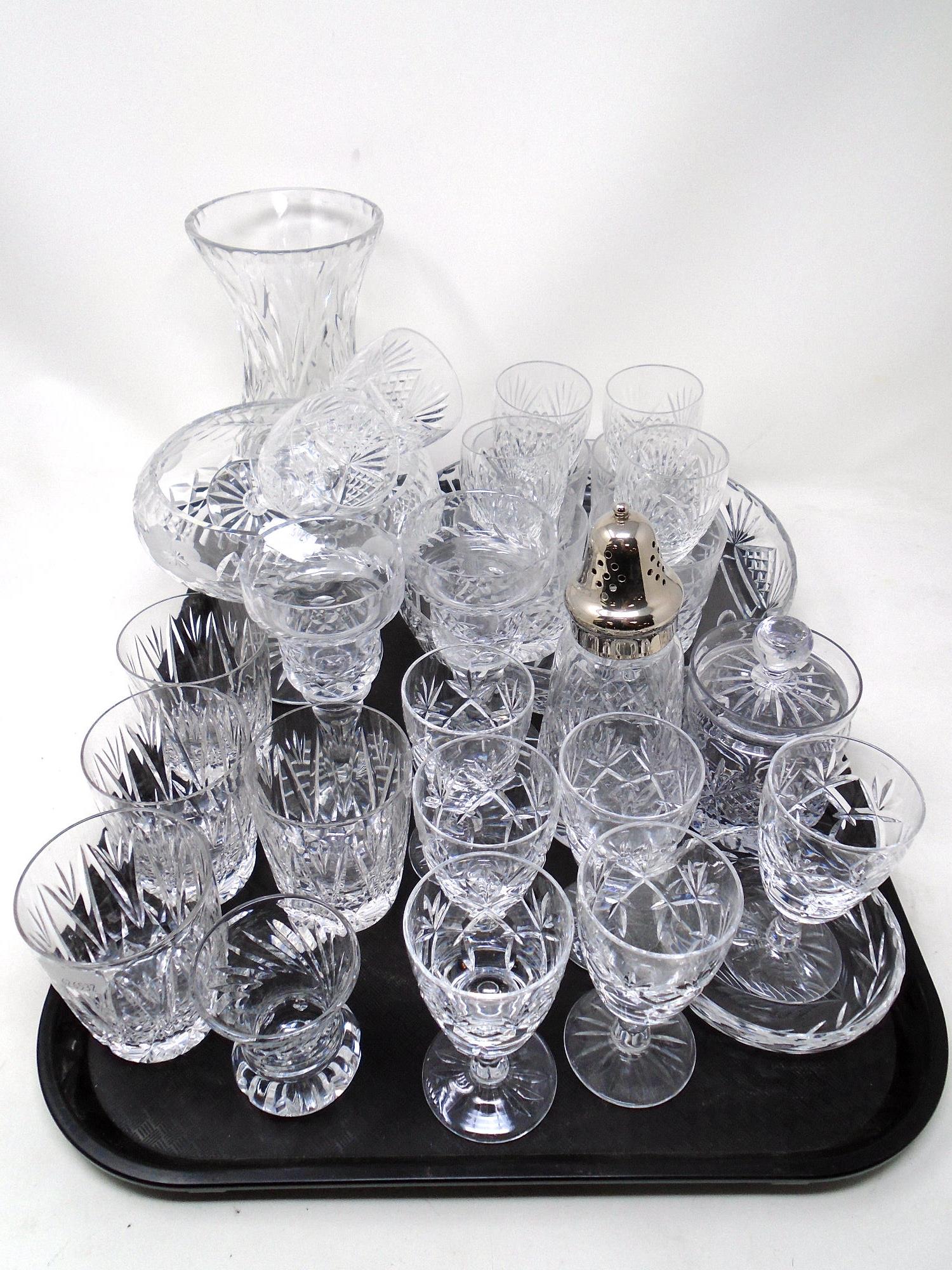 A tray containing assorted glassware including whisky and liqueur glasses, fruit bowl, preserve pot,