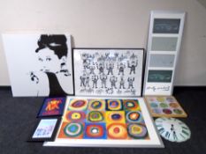 Seven assorted prints and wall canvasses including Audrey Hepburn, Kandinsky, Andy Warhol etc.
