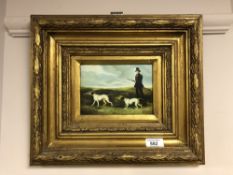 A gilt framed over painted print depicting huntsman with two dogs,