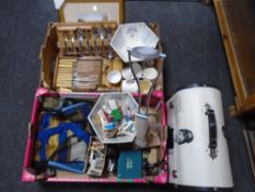 Two boxes of ceramics, cutlery, carving set, Masons aprons, matchbooks, angle lamp,