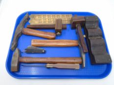 A tray of assorted wood working tools, knife sharpening stone, boxwood ruler,