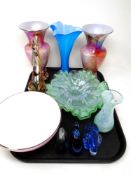 A tray containing assorted glassware including art glass vases, handkerchief dishes,