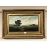 19th century school : figure in farmland with house beyond, oil on canvas,