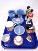 A tray containing assorted ceramics including Wedgwood Jasperware,