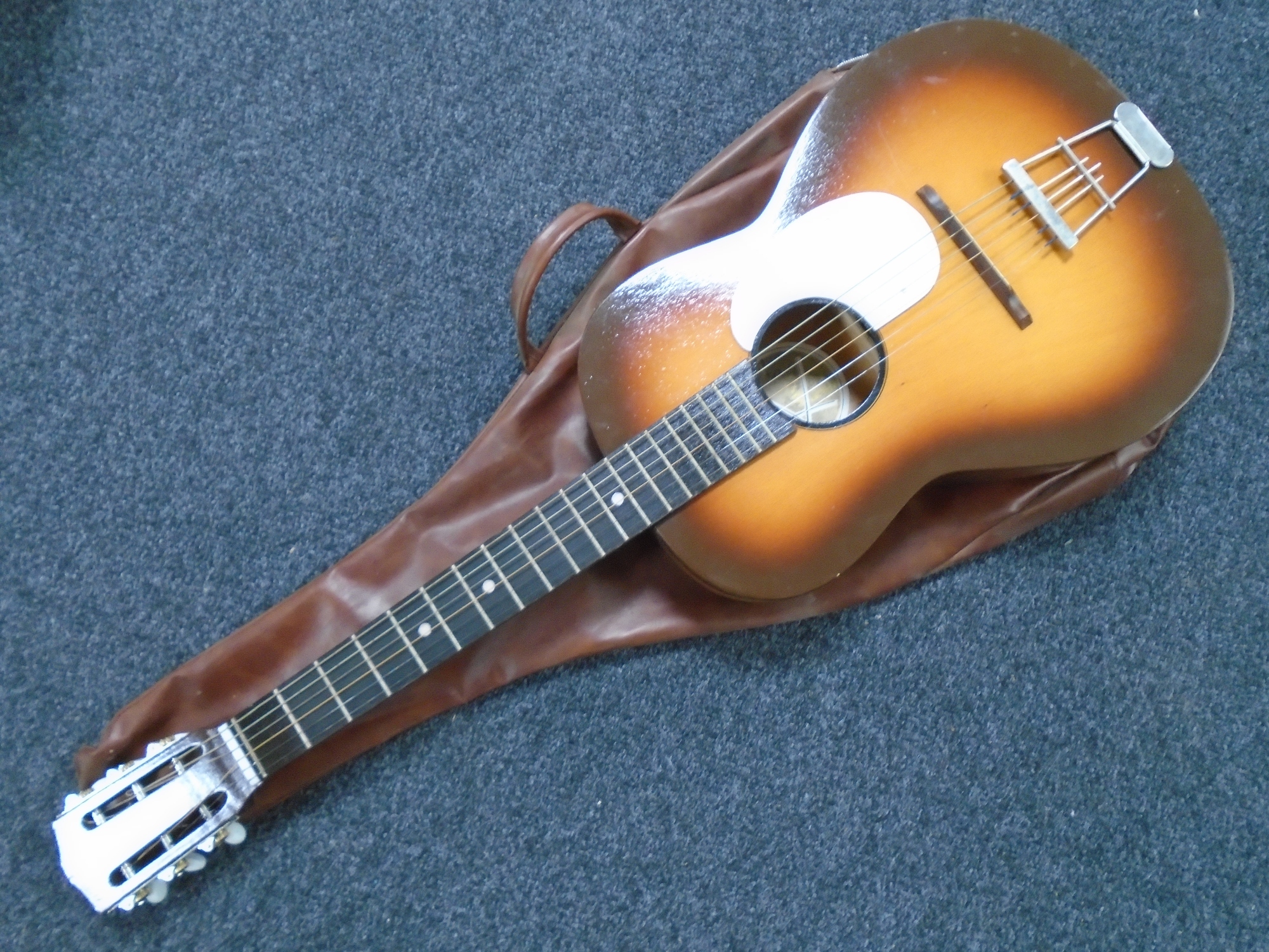 A Kansas acoustic guitar in carry bag.