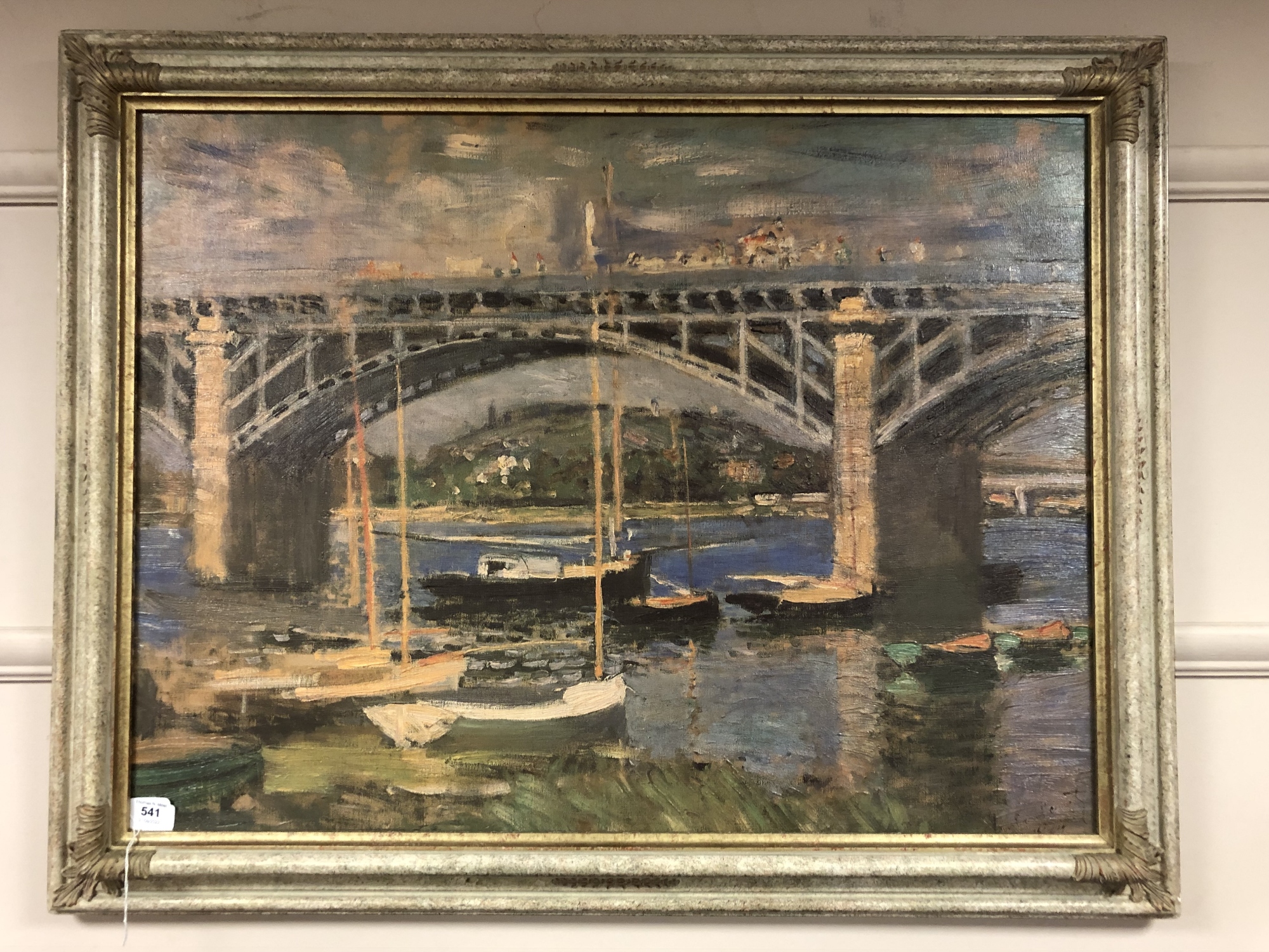 An Artagraph Edition on canvas : Boats by a bridge,