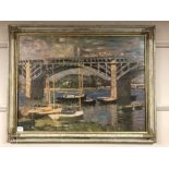 An Artagraph Edition on canvas : Boats by a bridge,