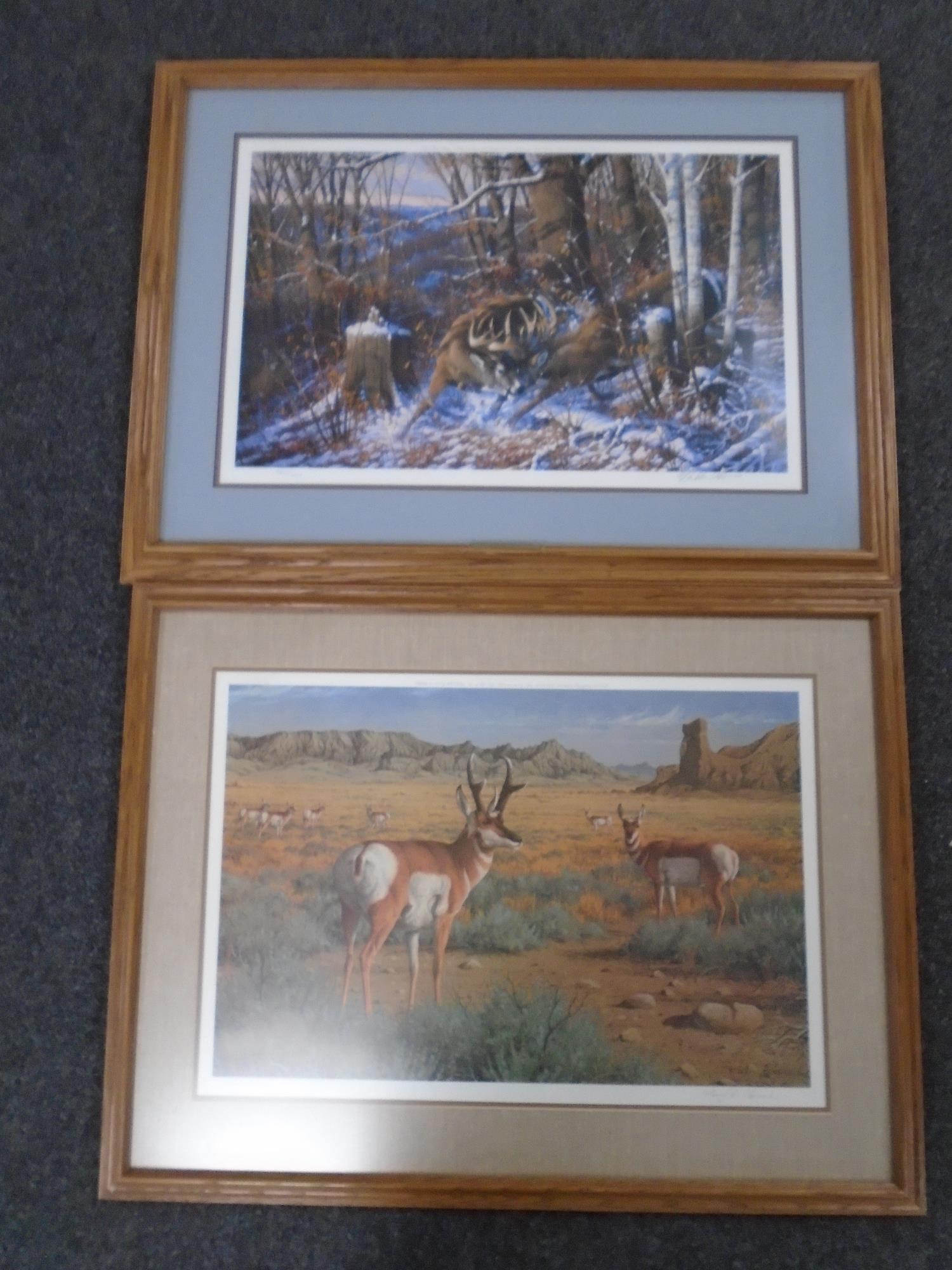 A signed limited edition print after Michael Sieve : Oak Ridge Battle, depicting two stags rutting,