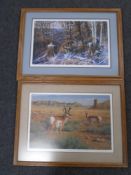 A signed limited edition print after Michael Sieve : Oak Ridge Battle, depicting two stags rutting,
