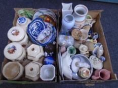 Two boxes containing assorted ceramics including vases, kitchen storage jars, tea china,