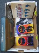 A box containing The Beatles and Bruce Springsteen CD box sets together with a Terminator 2 Box set.